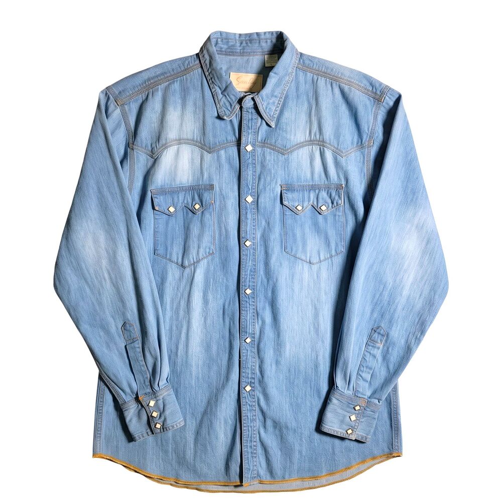 Scully Western Shirt Size L Blue Denim Diamond Pearl Snaps Light Wash Cowboy